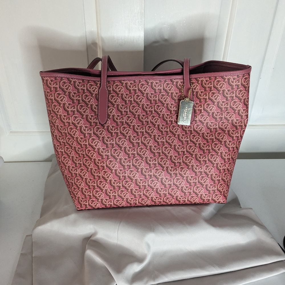COACH Women City Tote Monogram Canvas Leather Rouge